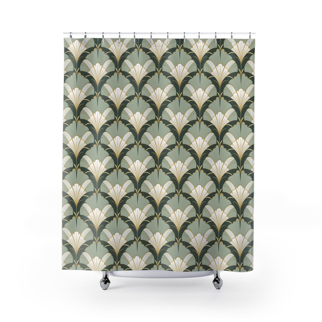 Art Deco Shower Curtain Vintage Bathroom Decor Green Cream Gold Shower