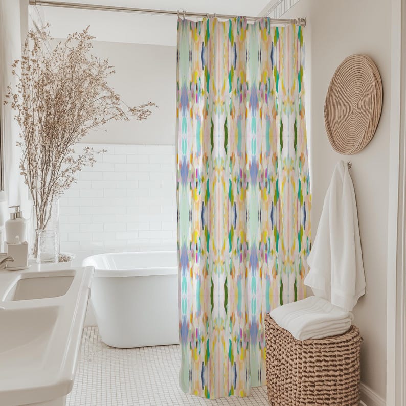 Watercolor Shower Curtain abstract mirrored art pastel pink lilac bathroom decor dorm shower curtain college bath decor kaleidoscope preppy