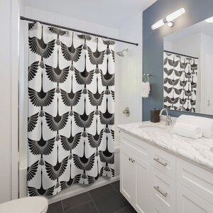 Crane Shower Curtain Vintage Bathroom Decor Japanese birds Shower Curtain black and white pattern chinoiserie bath decor oriental asian bild 2
