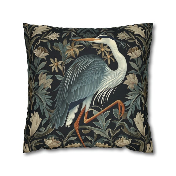 Vintage heron bird throw pillow cover botanical pillow case retro art home decor victorian bedroom decor botanical accent pillow moody