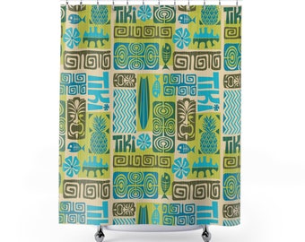 Hawaiiaans Douchegordijn vintage Badkamer Decor limoengroen blauwgroen blauw bruin Douchegordijn tropisch badkamer decor tiki masker tropisch patroon