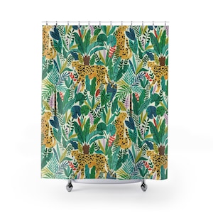 Leopard Shower Curtain Modern Safari Cheetah exotic animals Shower Curtain kids bathroom decor green tropical jungle animals animal print