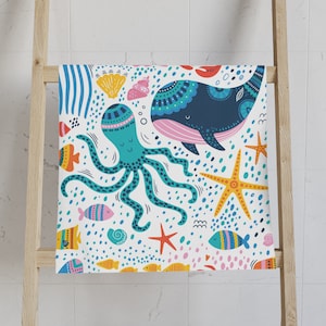 Ocean animals Hand Towel colorful octopus kids bathroom decor sea creatures gift idea octopus whale fish underwater marine beach house