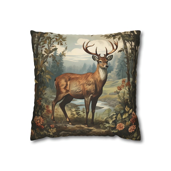 Vintage deer throw pillow cover botanical pillow case retro art home decor victorian bedroom decor botanical accent pillow forest flowers