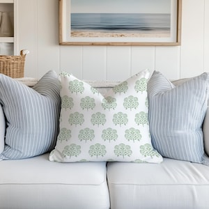 Block print throw pillow cover retro sage green flowers pillow case regency pillow cover vintage accent pillow cottagecore grandmillenial