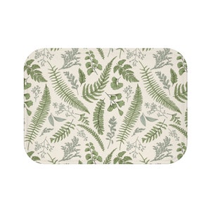 Botanical bath mat woodland bath mats cream green fern leaves bathroom decor forest plants bath rug greenery bathroom mat boho bohemian