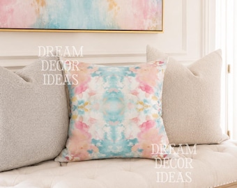 Mirrored art throw pillow cover pastel blue pink watercolor case abstract art decor college girl bedroom impressionist modern SKU 0016