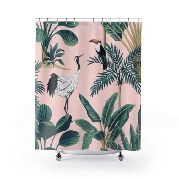 Jungle Shower Curtain Vintage Bathroom Decor Tropical Shower Curtains Green  Bathroom Decor Botanical Oriental Home Decor Heron Tucan 