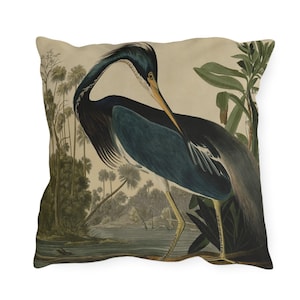 Great blue heron OUTDOOR Pillows Vintage bird patio decor coastal beach house pillows  nature swimming pool accent weatherproof