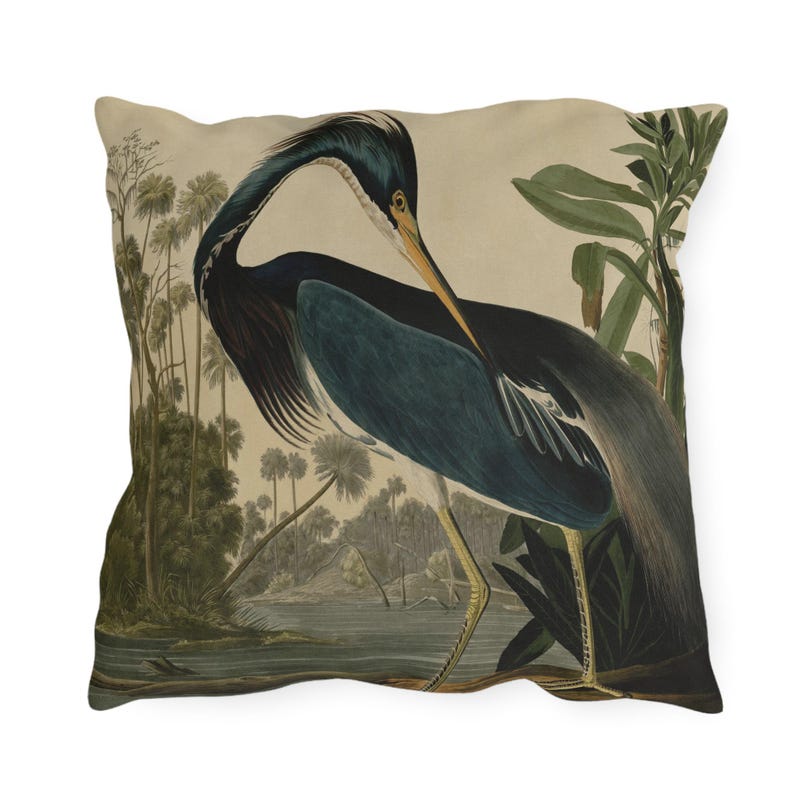 May include: Square throw pillow featuring a detailed illustration of a heron in a swamp setting. The bird has dark blue and black feathers, a long yellow beak, and yellow legs. The background includes palm trees, water, and lush greenery, creating a vintage aesthetic.