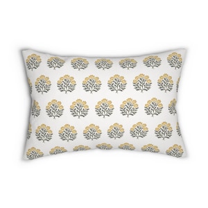 Retro flowers Lumbar Throw Pillow vintage lumbar pillow block print retro boho home decor white yellow floral bedroom decor mid century