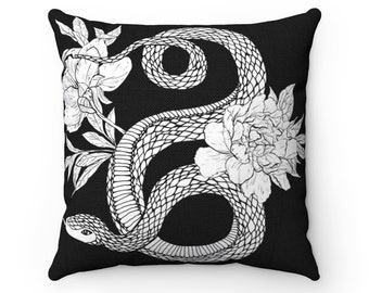 Snake throw pillow cover black and white pillow cover witchy home decor boho gothic decor dark magic accent pillow 14x14 16x16 18x18 20x20