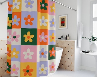 Retro Shower Curtain 70s retro Bathroom Decor floral Shower Curtain Retro bath curtain hippie shower curtain trippy flowers colorful orange