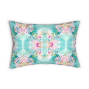 Abstract art Lumbar Throw Pillow watercolor lumbar pillow teal blue blush pink home decor kaleidoscope dorm bedroom mirrored pastel college