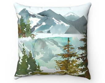 Housse de coussin Woodland art moderne taie d'oreiller aquarelle décoration forêt verte chambre décor montagnes accent oreiller cabine