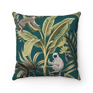 Jungle throw pillow cover vintage pillow case monkey home decor tropical bedroom decor accent pillow emerald green oriental exotic animals