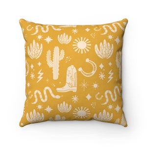 Cowboy throw pillow cover western pillow cover western home decor mid west bedroom decor cowboy boots yellow pillow snake cactus desert