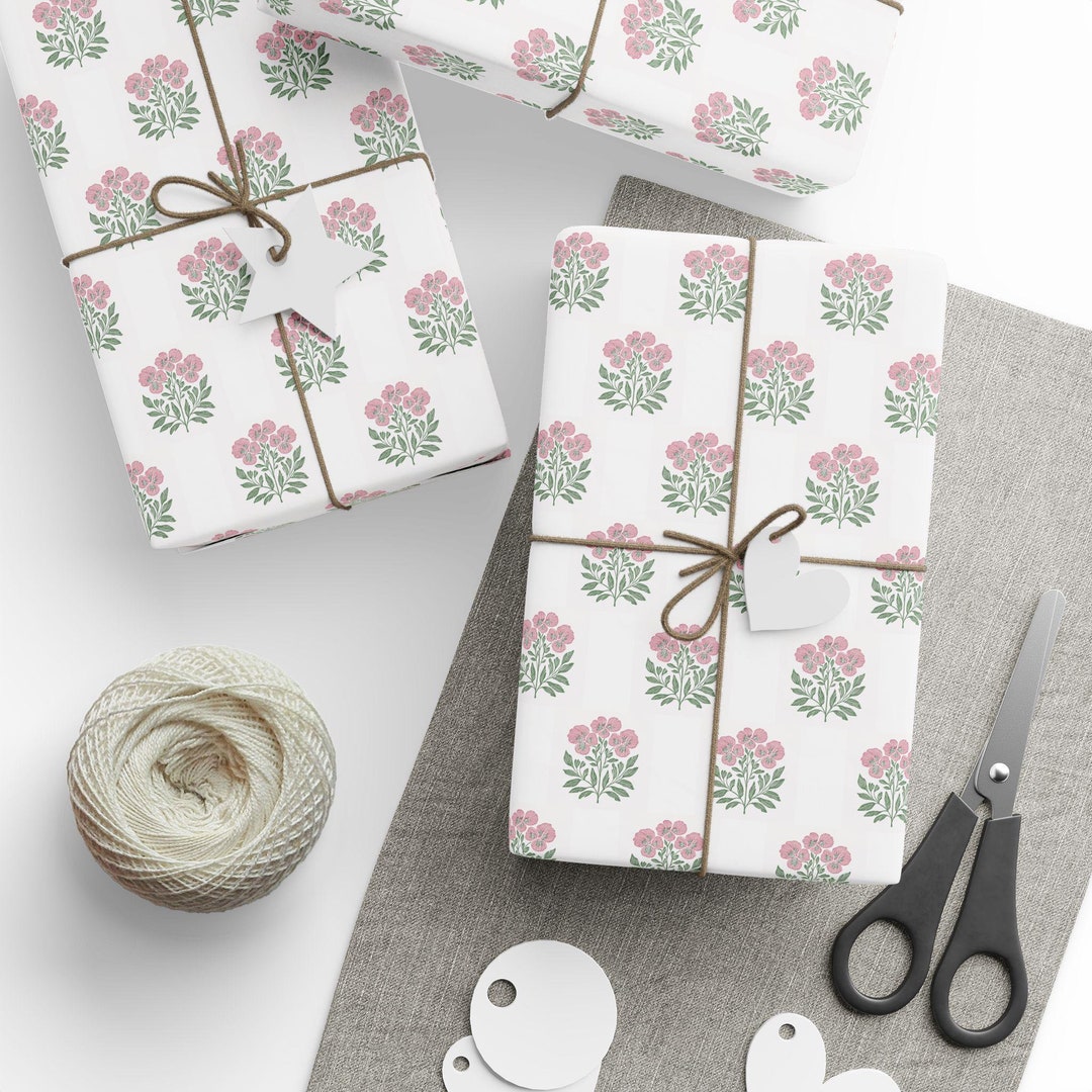 Block Print Wrapping Paper Green Pink Vintage Christmas Gift Wrap