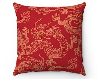 Taie d'oreiller chinois or rouge taie d'oreiller dragon décoration de la maison orientale décoration de chambre à coucher orientale oreiller accent asiatique dragon chinois japonais