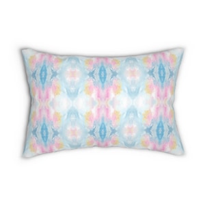 Abstract art Lumbar Throw Pillow watercolor lumbar pillow blue yellow pink home decor kaleidoscope dorm bedroom mirrored pastel college