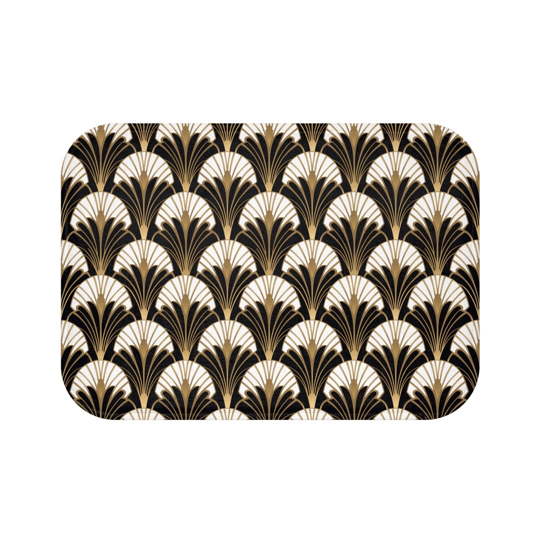 Art Deco Bath Mat Black Gold White Bath Mats Geometrical Flowers