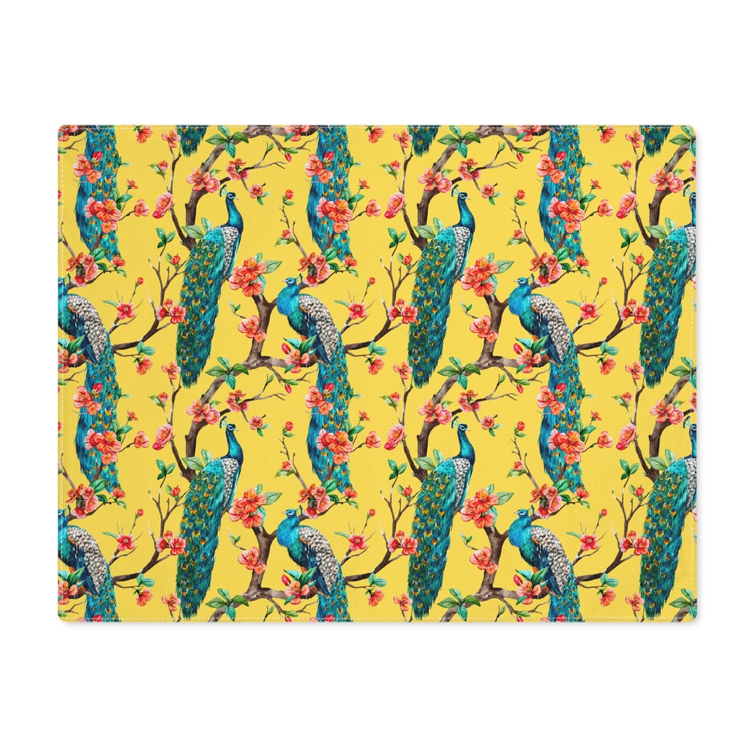 Vintage Placemat Yellow Blue Green Peacock Fabric Placemats Etsy