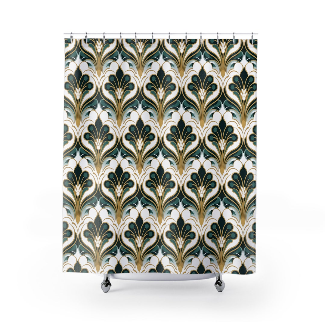 Art Deco Shower Curtain Vintage Bathroom Decor Emerald Green Gold