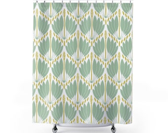 Art Deco Shower Curtain: Geometric Light Green & Yellow Bath Decor