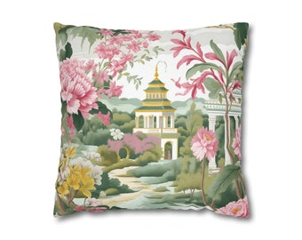 Chinoiserie throw pillow case pink white green pillow cover pagoda pillow cushion chinese accent pillow cushion vintage asian home decor