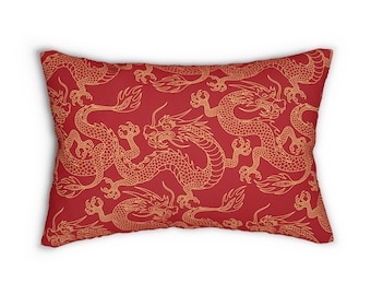 Coussin lombaire Chinoiserie Dragons chinois coussin lombaire rouge jaune asiatique décoration de la maison orientale décoration canapé coloré