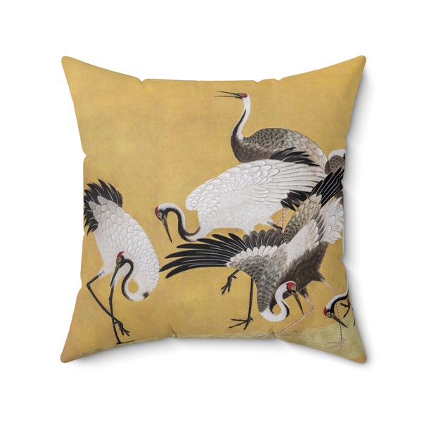 Japanese throw pillow cover mustard yellow pillow case oriental home decor asian living room decor crane pillow japandi vintage art