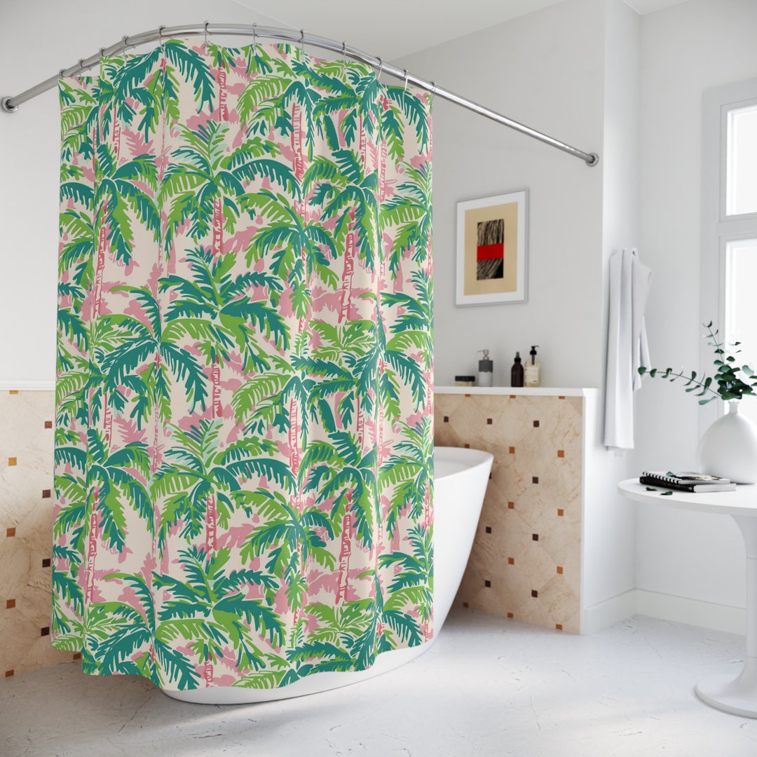 Preppy Shower Curtain Tropical Jungle Bathroom Decor Green Blush Pink ...