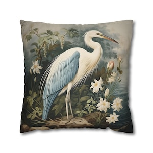 Vintage heron bird throw pillow cover botanical pillow case retro art home decor victorian bedroom decor botanical accent pillow moody