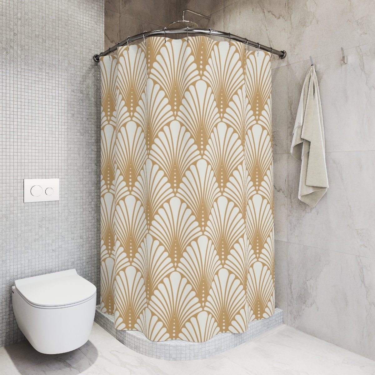 Gorgeous Luxury Shower Curtain Gold Tan Brocade Diamond Print 