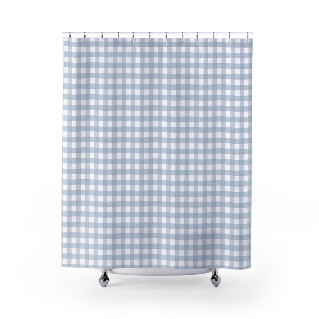 Gingham Shower Curtain Light Blue White Bathroom Decor French Pattern