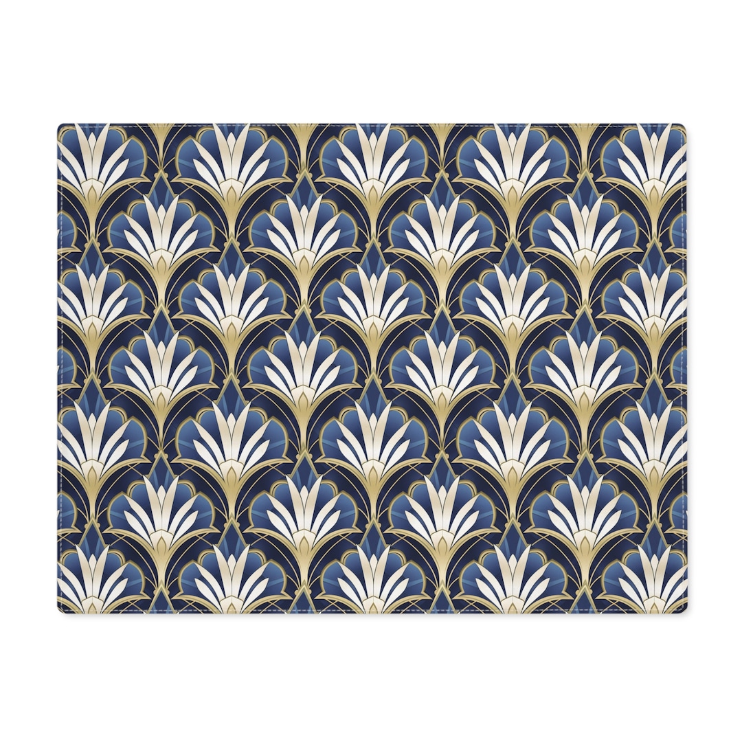 Art Deco Placemat Vintage Fabric Placemats Blue Gold White Cloth Table