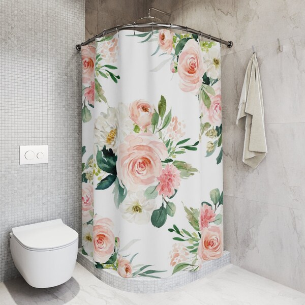 Floral Shower Curtain Cute Bathroom Decor Shabby Chic Bathroom Mat Pink Shower Curtain Watercolor Flowers Girly Blush White green Bath Mat