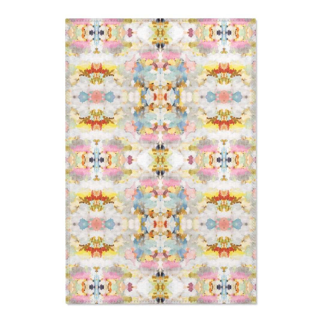 Abstract Watercolor Area Rug: Blush Pink, Yellow, Blue Chenille Carpet ...