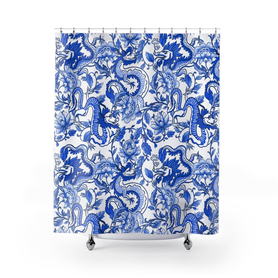 Dragon Shower Curtain Vintage Bathroom Decor Chinoiserie Shower Curtain