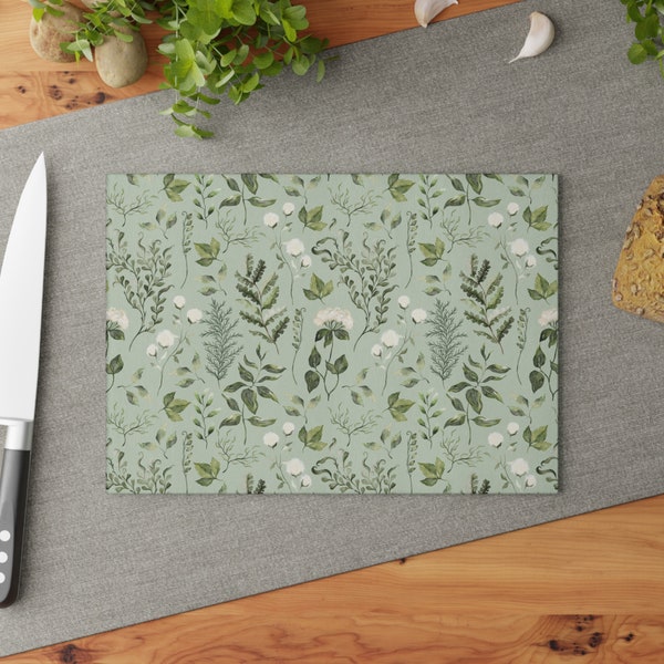 Floral Glass Cutting Board sage green kitchen decor watercolor flowers Charcuterie Board botanical Tempered Glass Chopping Board