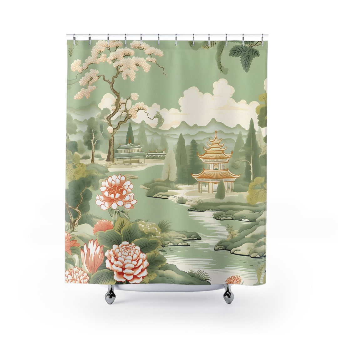 Chinoiserie Shower Curtain Vintage Bathroom Decor Green Pagodas Shower
