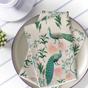 Peacock Table Napkins vintage dinner napkins set of 4 green beige kitchen decor oriental bird table decoration elegant fabrics napkins