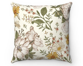 Floral throw pillow cover vintage pillow case decorative pillow cushion floral accent pillow cover retro flowers yellow botanical spring