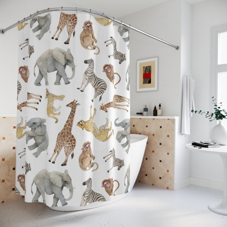 Safari Shower Curtain Kids Bathroom Decor Watercolor Shower Etsy