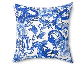 Chinoiserie throw pillow cover navy blue white pillow case dragon pillow cushion chinese accent pillow cover vintage asian home decor