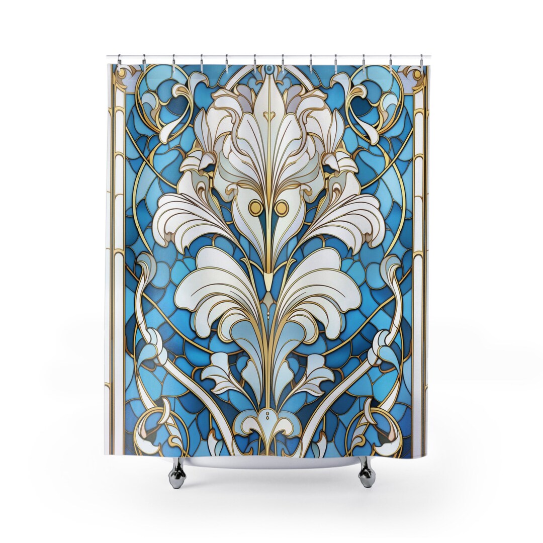 Stained Glass Shower Curtain Art Nouveau Bathroom Decor Blue White