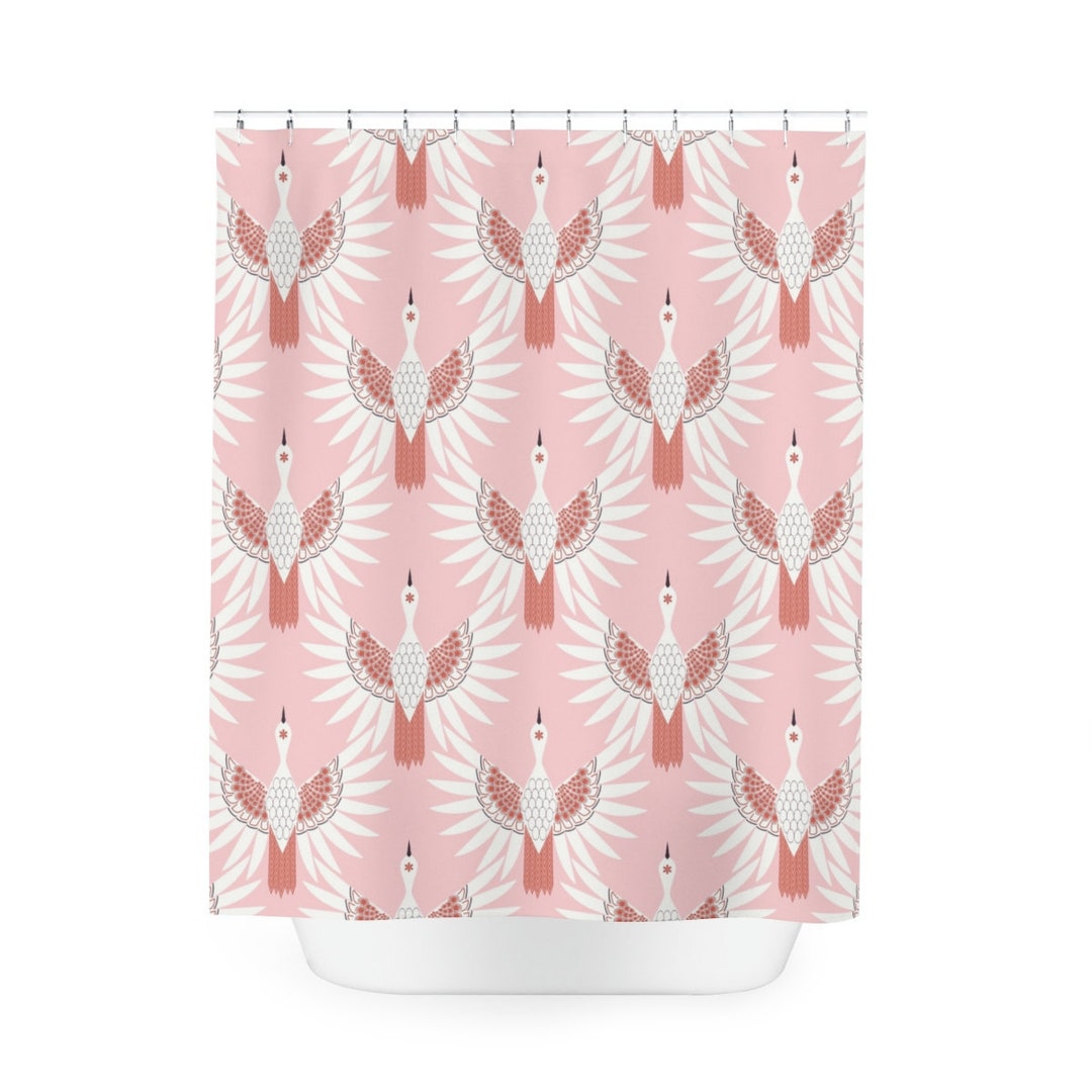 Crane Shower Curtain Japanese Bathroom Decor Pink Red White Shower