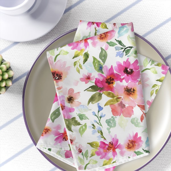 Floral Table Napkins pink watercolor dinner napkins set of 4 botanical kitchen decor floral table decoration spring fabrics napkins