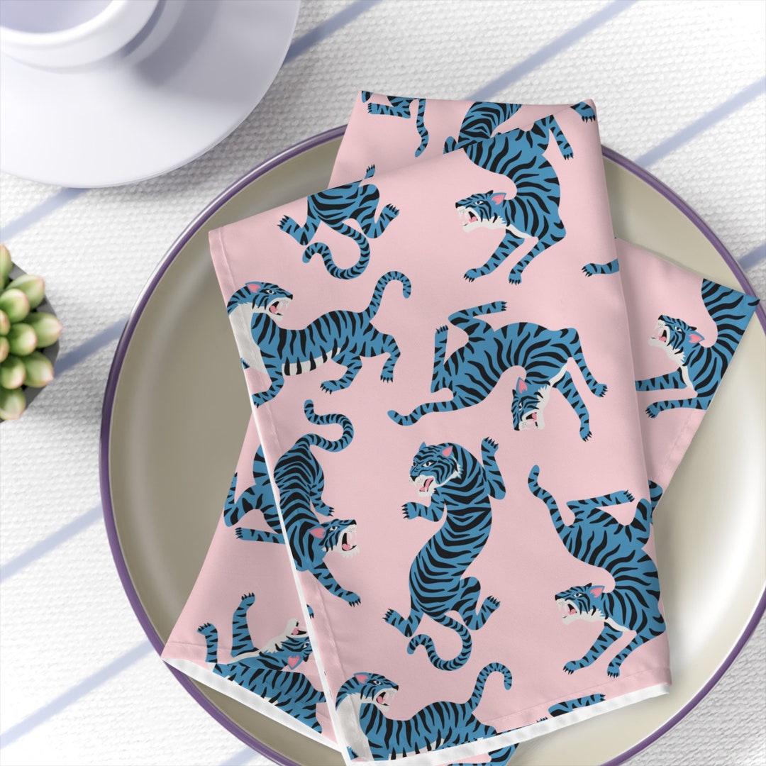 Vintage Tiger Home Decor Blue Blush Table Napkins Tiger Dinner Etsy