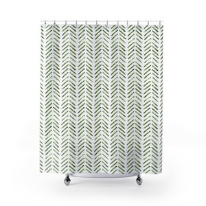 Green Shower Curtain herringbone pattern bathroom decor modern shower curtains watercolor boho bohemian hand drawn pattern